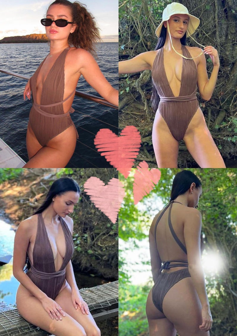 ZAFUL Womens One Piece Swimsuit Ribbed Sexy V Neck Open Back Bathing Suit Cheeky Hight Cut Self Tie Swimwear Deep Coffee M - Image 4