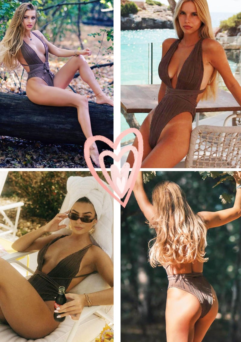 ZAFUL Womens One Piece Swimsuit Ribbed Sexy V Neck Open Back Bathing Suit Cheeky Hight Cut Self Tie Swimwear Deep Coffee M - Image 5