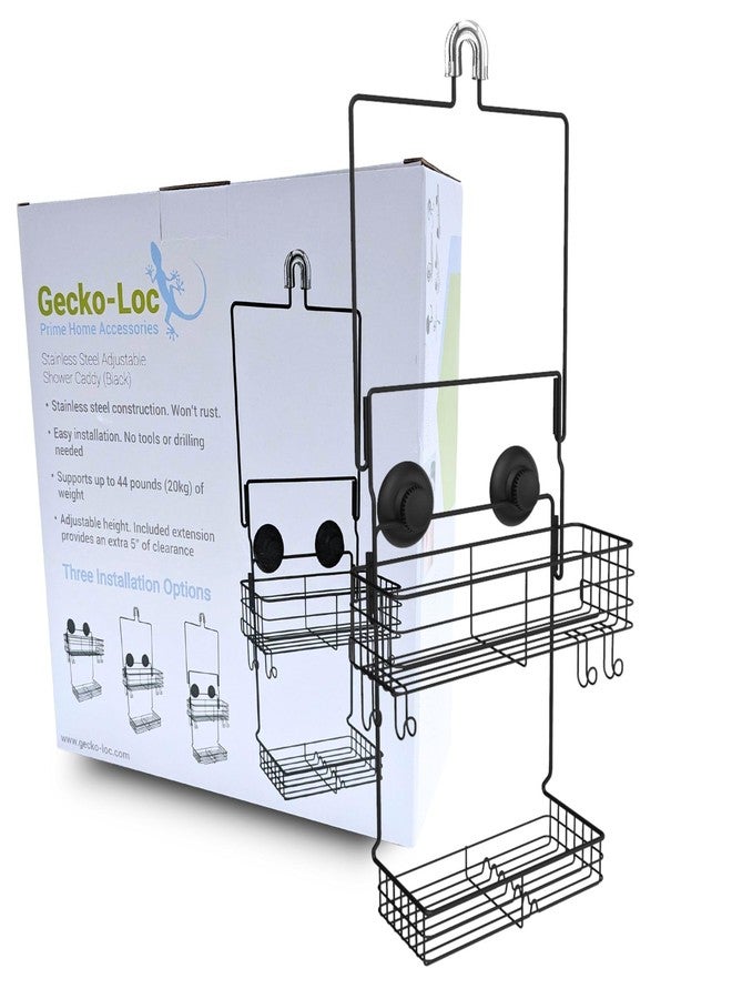 Gecko-Loc Extra Long Wide Adjustable Length over the showerhead hanging shower caddy organizer - for Shampoo, Soap, & Razors - Black - Image 1