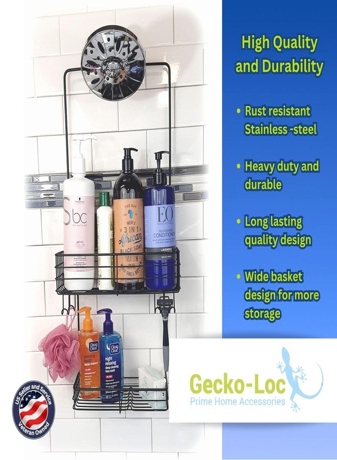 Gecko-Loc Extra Long Wide Adjustable Length over the showerhead hanging shower caddy organizer - for Shampoo, Soap, & Razors - Black - Image 3