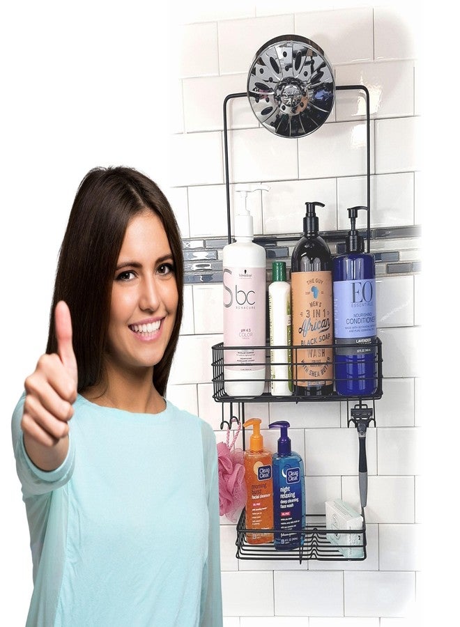 Gecko-Loc Extra Long Wide Adjustable Length over the showerhead hanging shower caddy organizer - for Shampoo, Soap, & Razors - Black - Image 2