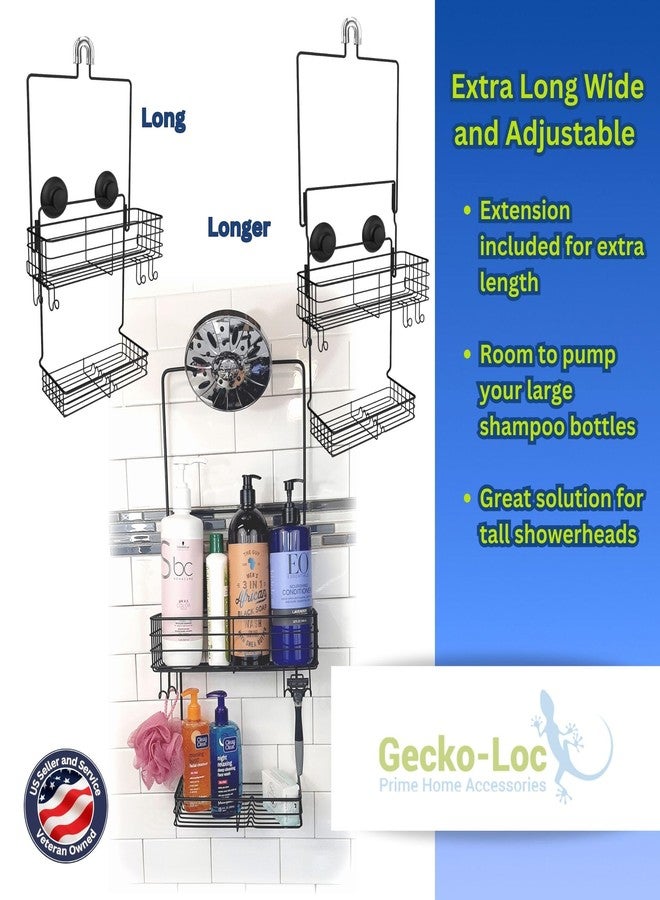 Gecko-Loc Extra Long Wide Adjustable Length over the showerhead hanging shower caddy organizer - for Shampoo, Soap, & Razors - Black - Image 5