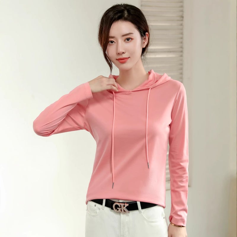 2024 Silk Cotton Hoodie T-Shirt Womens Spring Thin Fashion Top Advanced Grey - Image 5