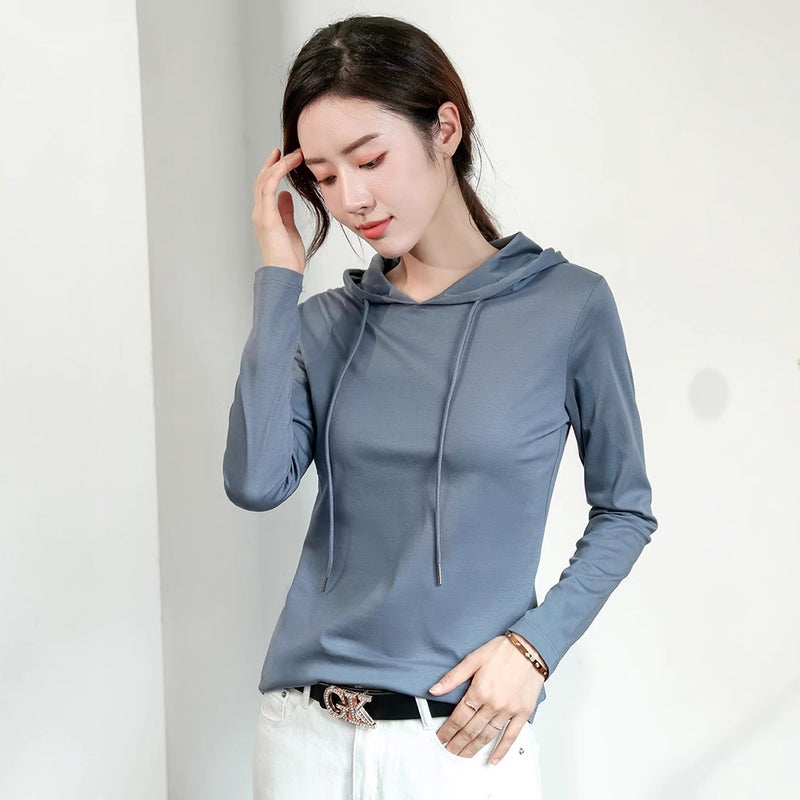 2024 Silk Cotton Hoodie T-Shirt Womens Spring Thin Fashion Top Advanced Grey - Image 4