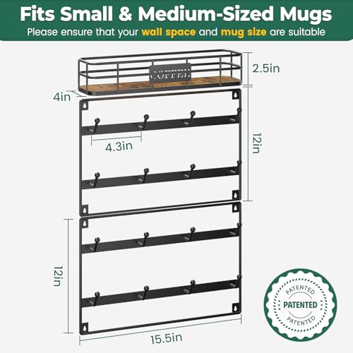 EsLuker.ly EsLukerly Coffee Mug Holder Wall Mounted Display Rack Black Metal Cup Hanger Organizer with16 Hooks Wood Rustic Shelf for Coffee Bar Home Kitchen Space Saving Wall Storage Black - Image 3
