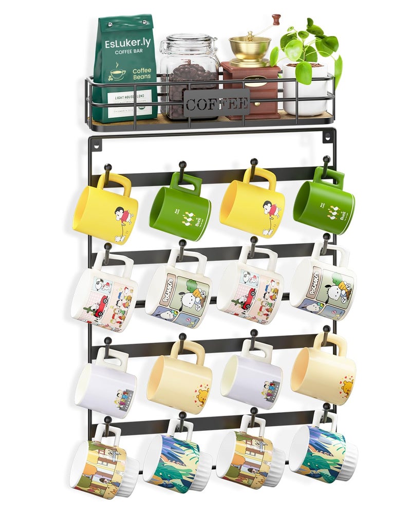 EsLuker.ly EsLukerly Coffee Mug Holder Wall Mounted Display Rack Black Metal Cup Hanger Organizer with16 Hooks Wood Rustic Shelf for Coffee Bar Home Kitchen Space Saving Wall Storage Black - Image 2