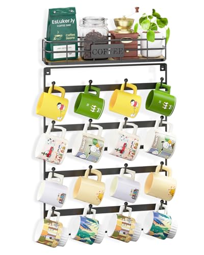 EsLuker.ly EsLukerly Coffee Mug Holder Wall Mounted Display Rack Black Metal Cup Hanger Organizer with16 Hooks Wood Rustic Shelf for Coffee Bar Home Kitchen Space Saving Wall Storage Black - Image 1