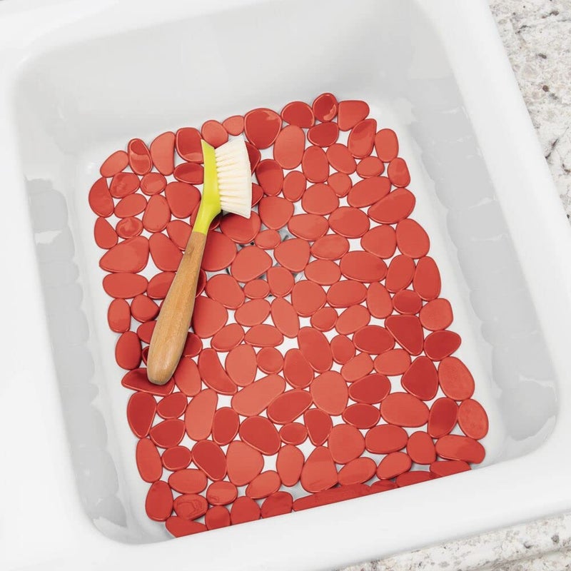 mDesign Adjustable Dish Drying Mat/Grid - Soft Plastic Sink Protector, Cushions Sinks & Dishes - Quick Draining Pebble Design - Set of 3 - Red - Image 3