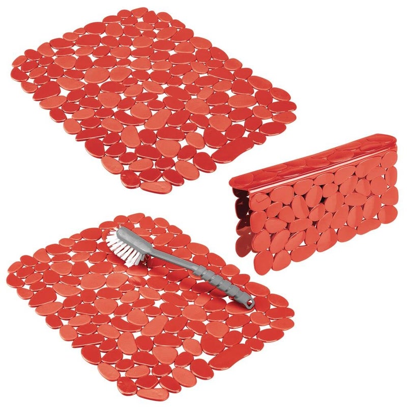 mDesign Adjustable Dish Drying Mat/Grid - Soft Plastic Sink Protector, Cushions Sinks & Dishes - Quick Draining Pebble Design - Set of 3 - Red - Image 1