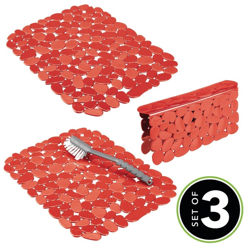 mDesign Adjustable Dish Drying Mat/Grid - Soft Plastic Sink Protector, Cushions Sinks & Dishes - Quick Draining Pebble Design - Set of 3 - Red - Image 2