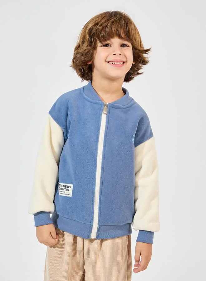 Styli Contrast Sleeve Fleece Jacket with Patch Detail