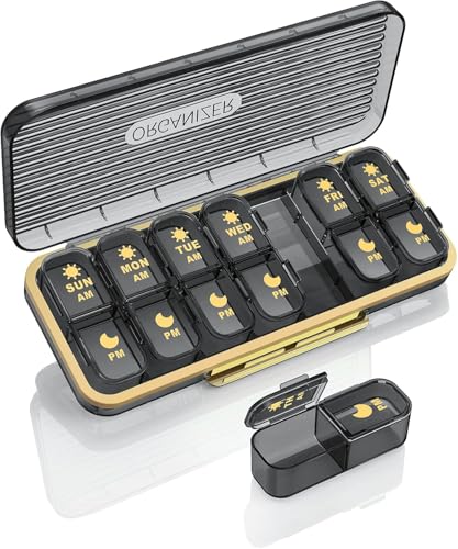 Acedada Pill Organizer 2 Times A Day, 7 Day Am Pm Pill Box - Acedada Weekly Pill Organizer Twice A Day, Portable Removable Daily Medicine Container Dispenser Case for Vitamin Fish Oil Supplement, Black Grey - Image 1