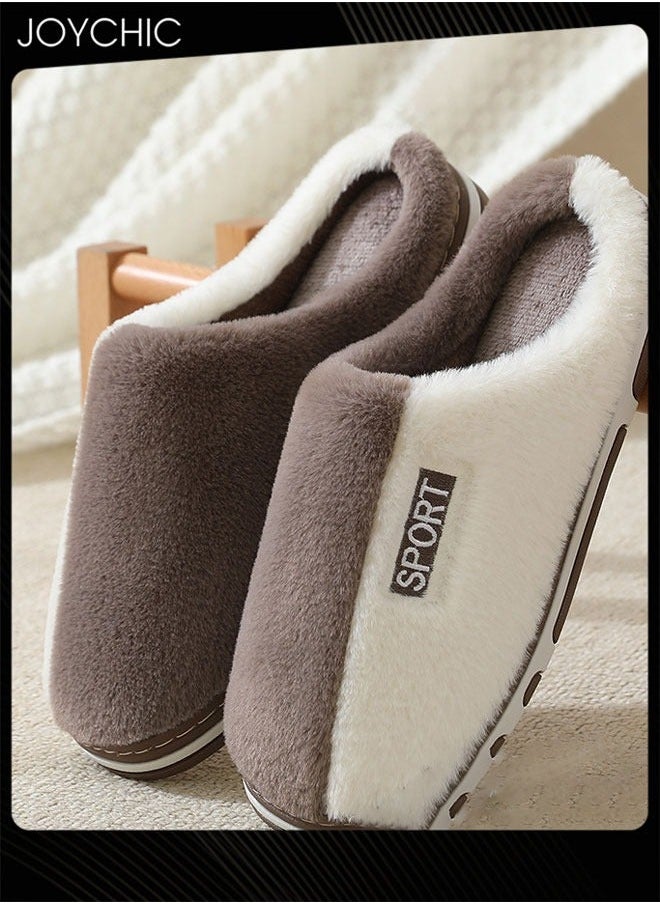NIBEMINENT Stitching Color Design Cotton Slippers for Men Autumn and Winter Home Indoor Warm Non-slip Thick-soled Bedroom White+Coffee  - Image 3