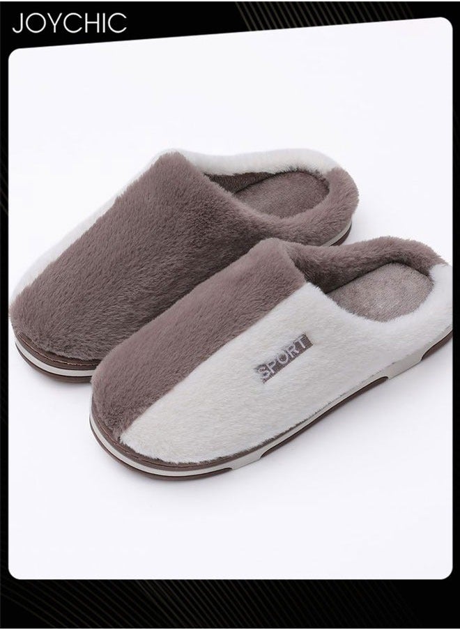 NIBEMINENT Stitching Color Design Cotton Slippers for Men Autumn and Winter Home Indoor Warm Non-slip Thick-soled Bedroom White+Coffee  - Image 1