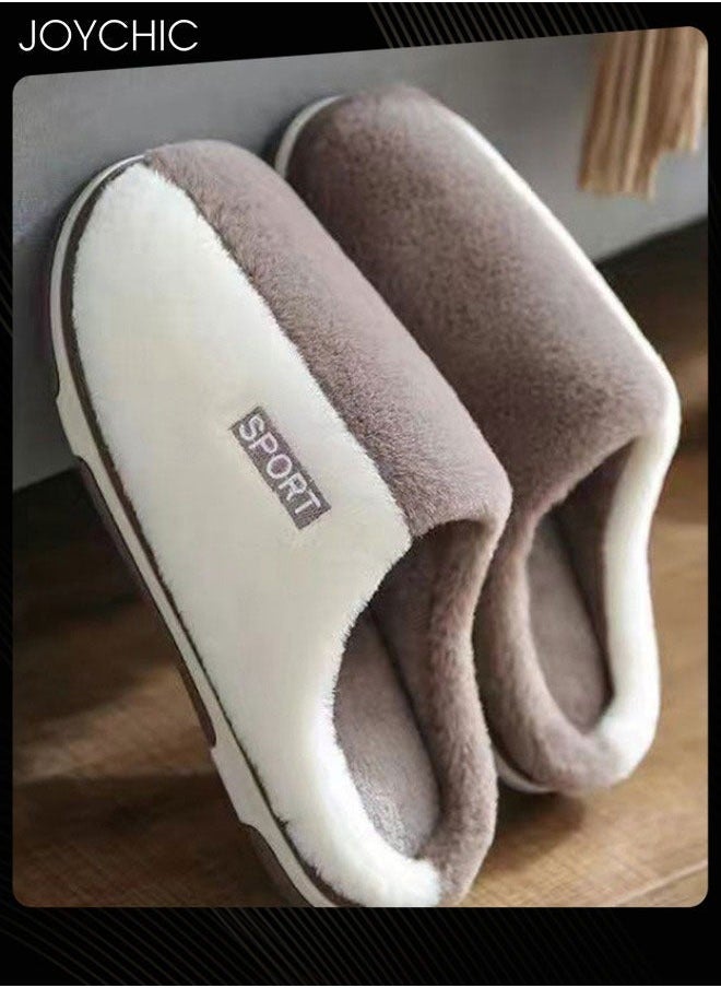 NIBEMINENT Stitching Color Design Cotton Slippers for Men Autumn and Winter Home Indoor Warm Non-slip Thick-soled Bedroom White+Coffee  - Image 2