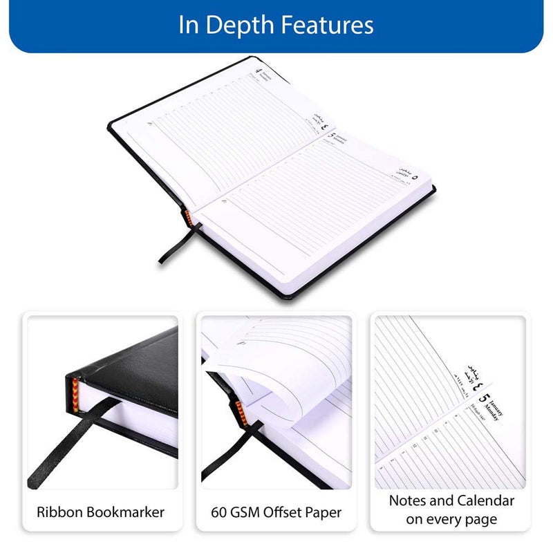 FIS 2026 A5 Diary, 148x210mm, 1 Side Padded Vinyl Cover with Round Corners, 1 Day a Page Format, Arabic/English, 60gsm White Paper, Black Cover-FSDI23AE26BK - Image 5