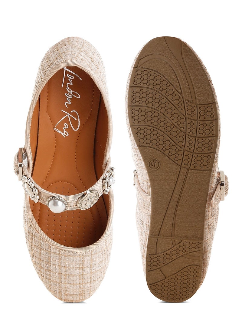 London Rag Women's Charms Embellished Tweed Mary Janes In Beige - Image 5