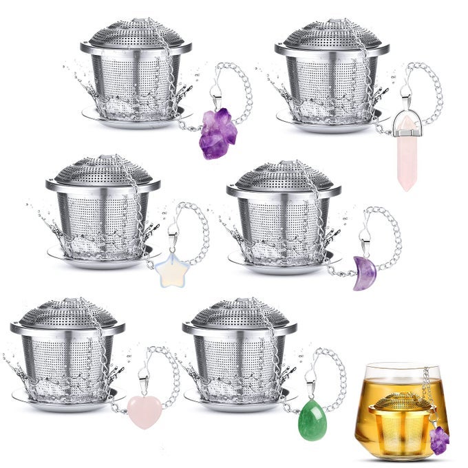 6 SETS LOOSE LEAF TEA INFUSERS STAINLESS STEEL STEEPER BALL FOR LOOSE TEA HOLDER MESH STRAINER FILTERS WITH DRIP TRAYS AND PENDANT