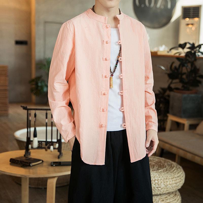 Autumn Mens Clothing Retro Style Chinese Style Cotton and Linen Chinese Style Hanfu Tang Coat Cardigan Loose Casual Long-sleeved Shirt Pink 