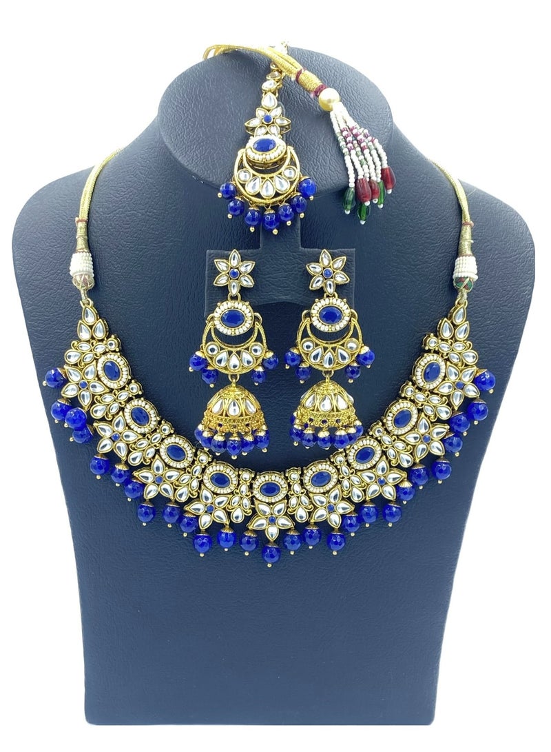 GOHONA Royal Bling Bollywood Traditional Indian Kundan Jewellery Necklace With Earrings Set and 1 Tikka in Royal blue colour - Image 2