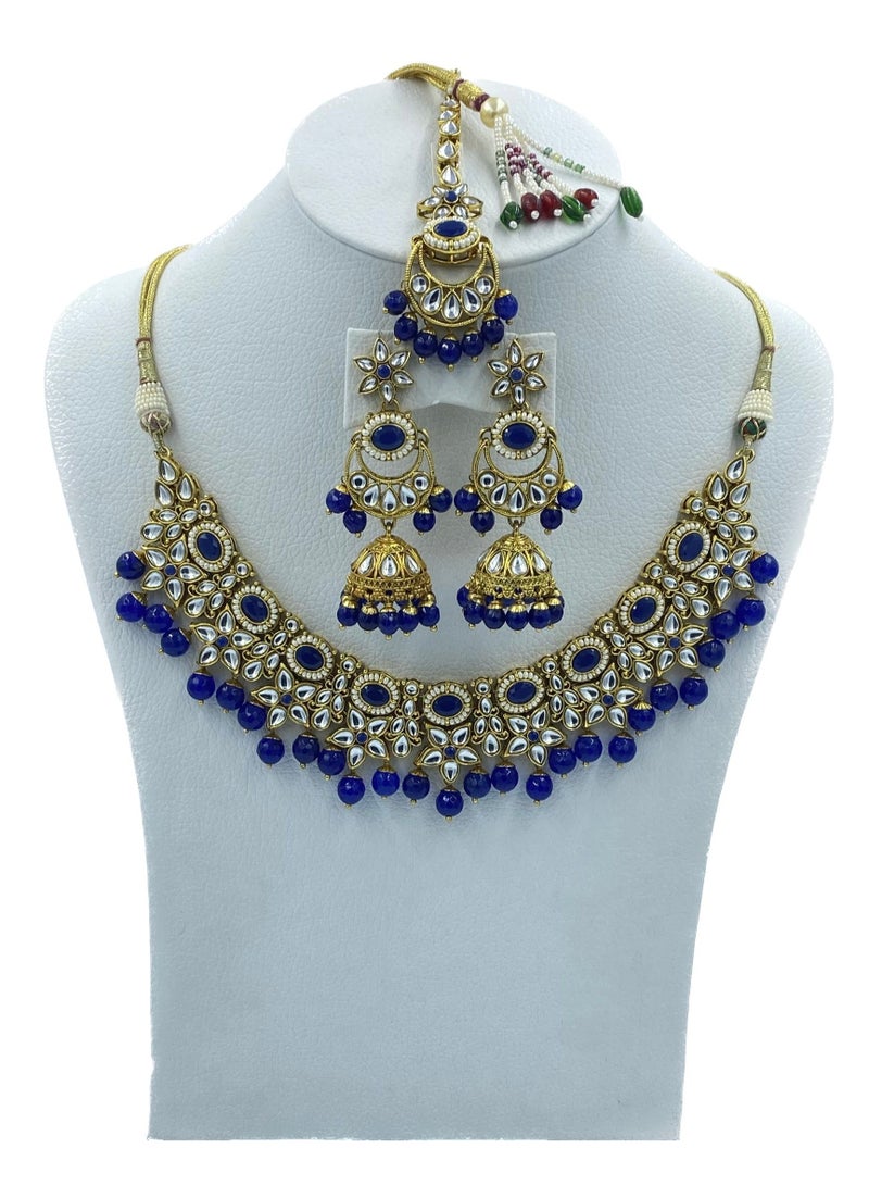 GOHONA Royal Bling Bollywood Traditional Indian Kundan Jewellery Necklace With Earrings Set and 1 Tikka in Royal blue colour - Image 1
