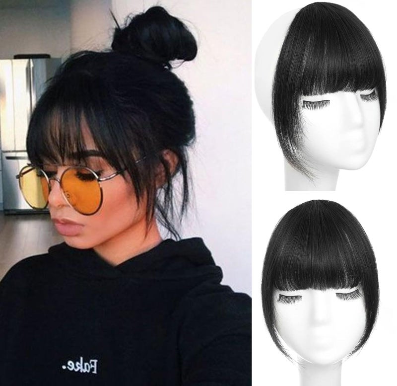 ORIGEN Clip in Bangs Real Human Hair Clip on Wispy Bangs Fringe with Temples Hairpieces Fake Front Bangs Extensions for Women Jet Black Color - Image 2