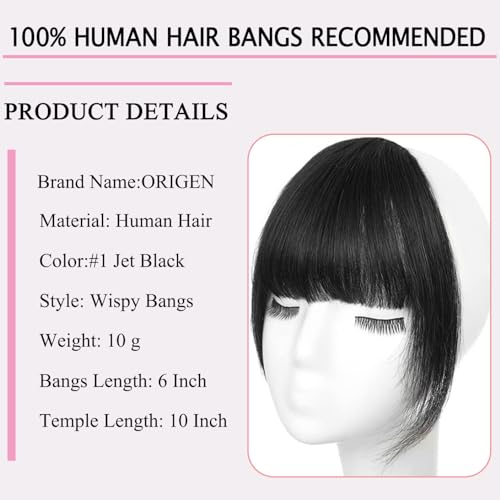 ORIGEN Clip in Bangs Real Human Hair Clip on Wispy Bangs Fringe with Temples Hairpieces Fake Front Bangs Extensions for Women Jet Black Color - Image 3