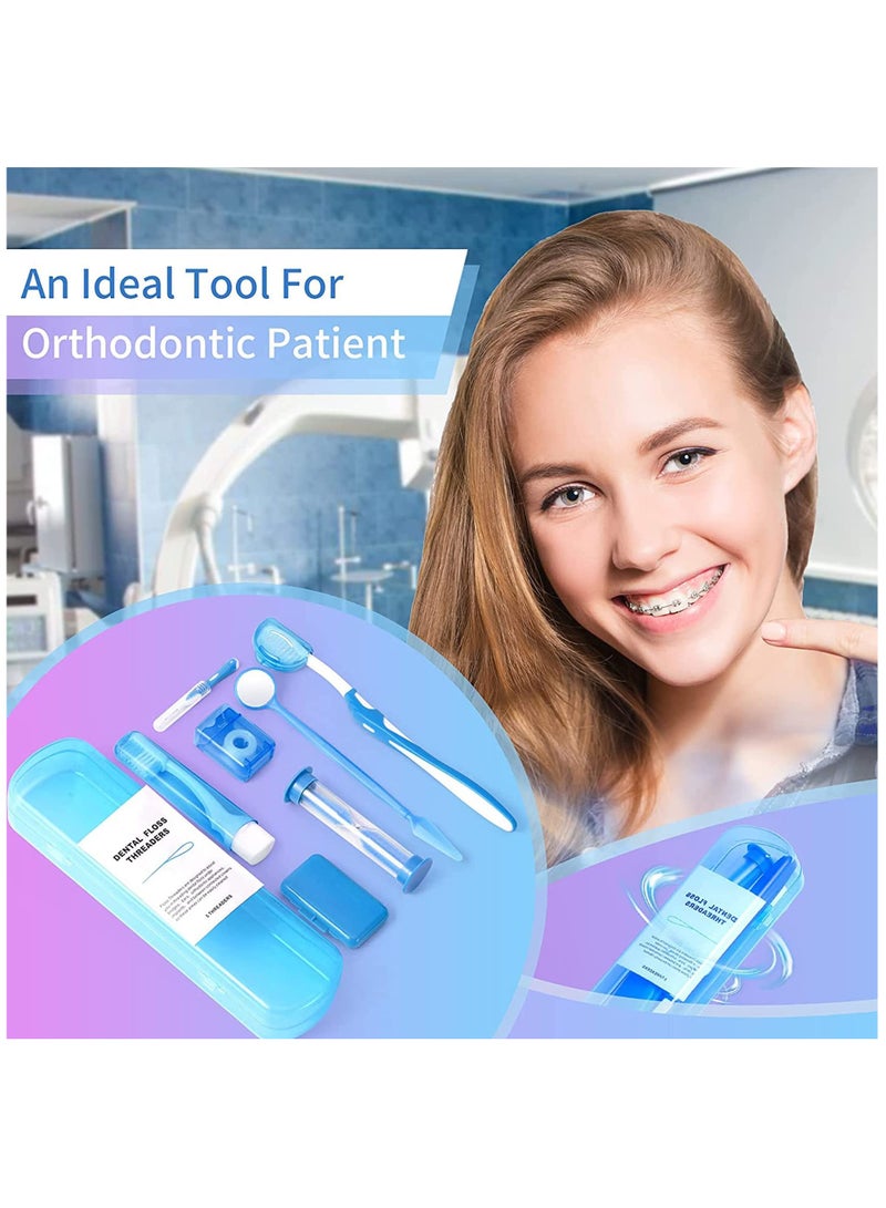 KASTWAVE Orthodontic Care Kit, 8 Pack Portable Orthodontic Cleaning Braces Kit Oral Mirror Interdental Brush Dental Floss Dental Wax Oral Care Travel Set(Blue) - Image 3