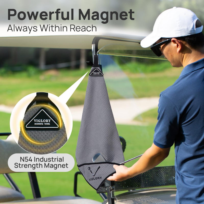 VIGLORY Magnetic Golf Towel for Bag 18" x 18" with Clip Exclusive Cleaning Pocket Microfiber Waffle Ultra Absorbent Club Ball Cleaner, Essential Golf Accessories and Gifts for Men Women(Gray 1 Pack) - Image 3