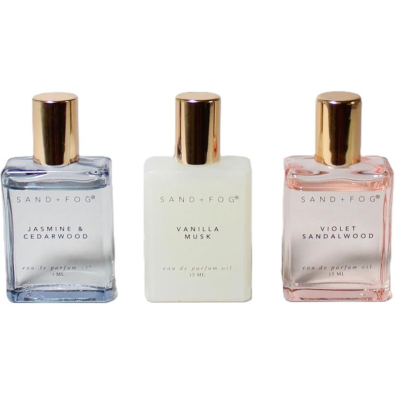Sand + Fog Perfume Oil Discovery Set, Violet Sandalwood, Vanilla Musk, Jasmine Cedarwood, 0.5 fl oz each, 3-Pack - Image 2