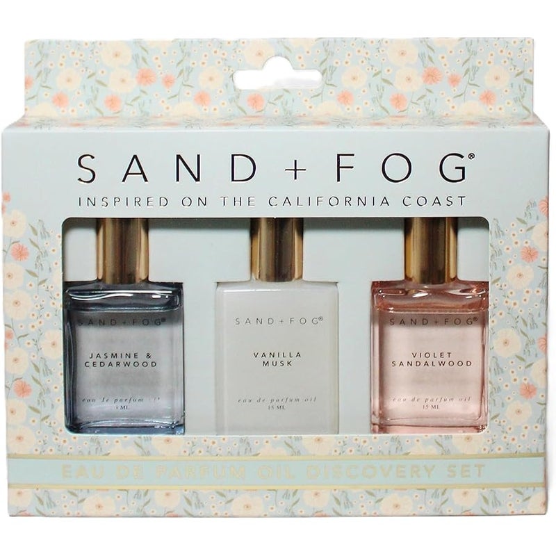 Sand + Fog Perfume Oil Discovery Set, Violet Sandalwood, Vanilla Musk, Jasmine Cedarwood, 0.5 fl oz each, 3-Pack - Image 1