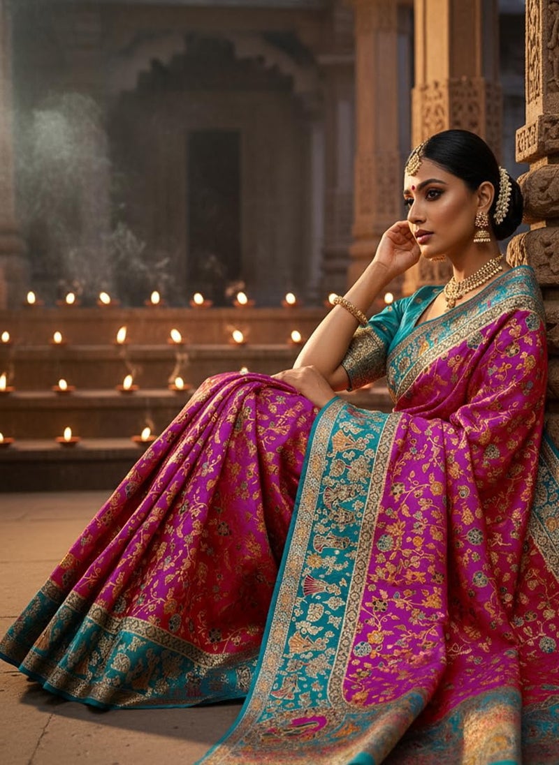 Glory Sarees Women's Kashmiri Pashmina Pure Silk Meenakari Woven Saree With Blouse Piece (Pashmina_Silk105_Wine) - Image 3