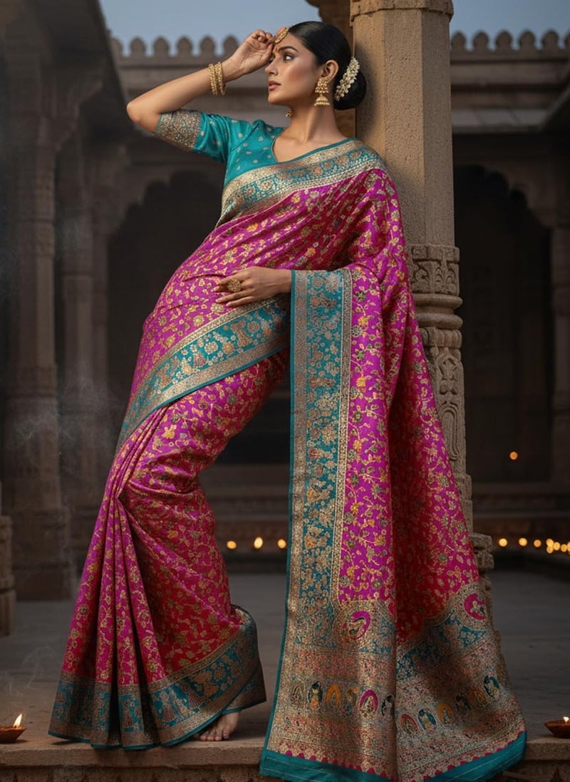 Glory Sarees Women's Kashmiri Pashmina Pure Silk Meenakari Woven Saree With Blouse Piece (Pashmina_Silk105_Wine) - Image 2