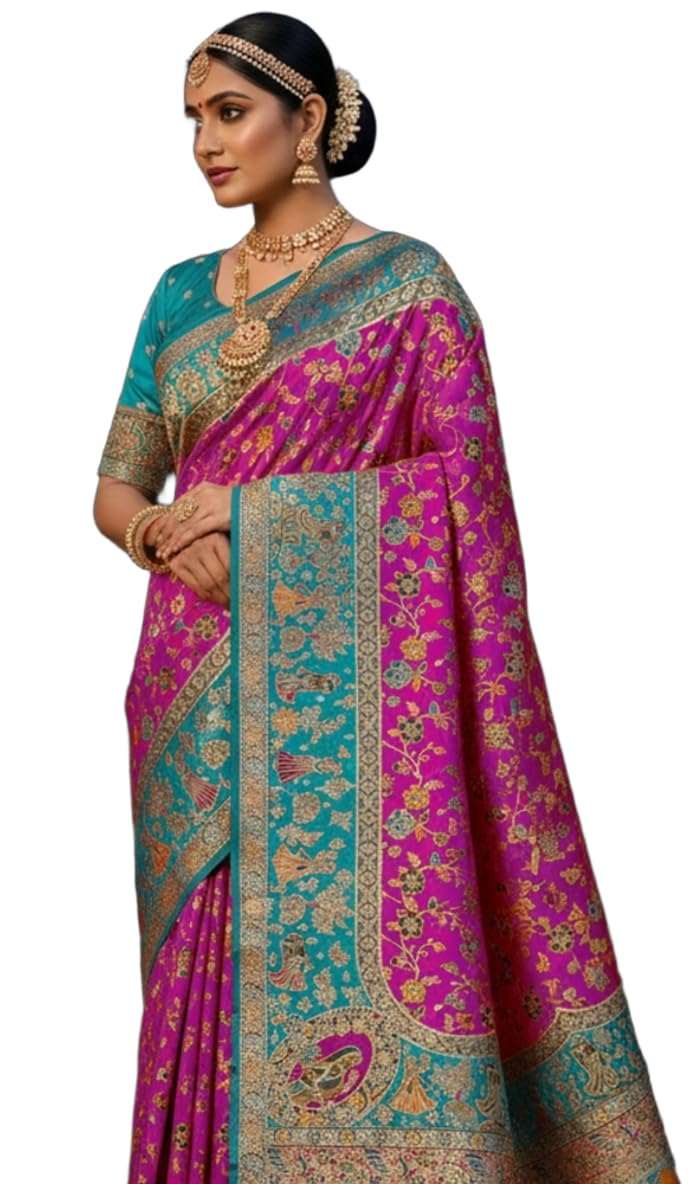 Glory Sarees Women's Kashmiri Pashmina Pure Silk Meenakari Woven Saree With Blouse Piece (Pashmina_Silk105_Wine) - Image 1