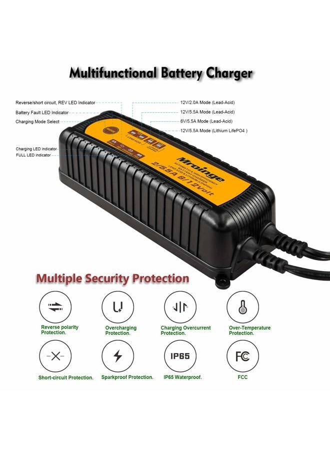 Mroinge MBC055 6V and 12V 5.5A Smart Vehicle Battery Charger/Maintainer for Cars, Motorcycles, RVs, TVs, Powersports, Boat and More Vehicle GEL WET AGM Batteries, With IP65 Waterproof - Image 4