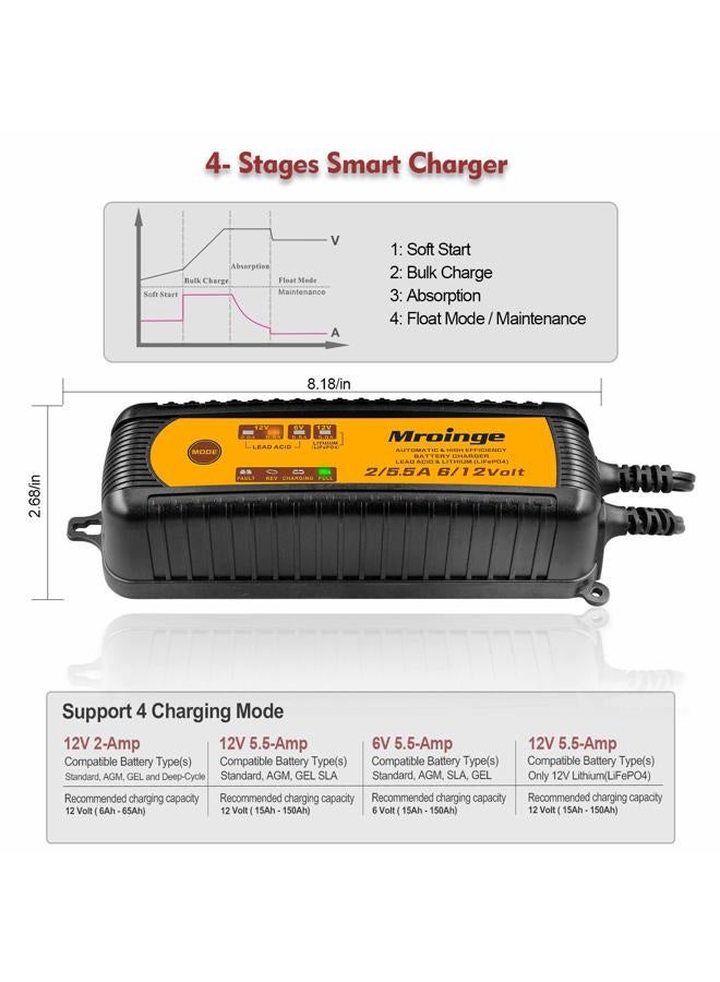 Mroinge MBC055 6V and 12V 5.5A Smart Vehicle Battery Charger/Maintainer for Cars, Motorcycles, RVs, TVs, Powersports, Boat and More Vehicle GEL WET AGM Batteries, With IP65 Waterproof - Image 5