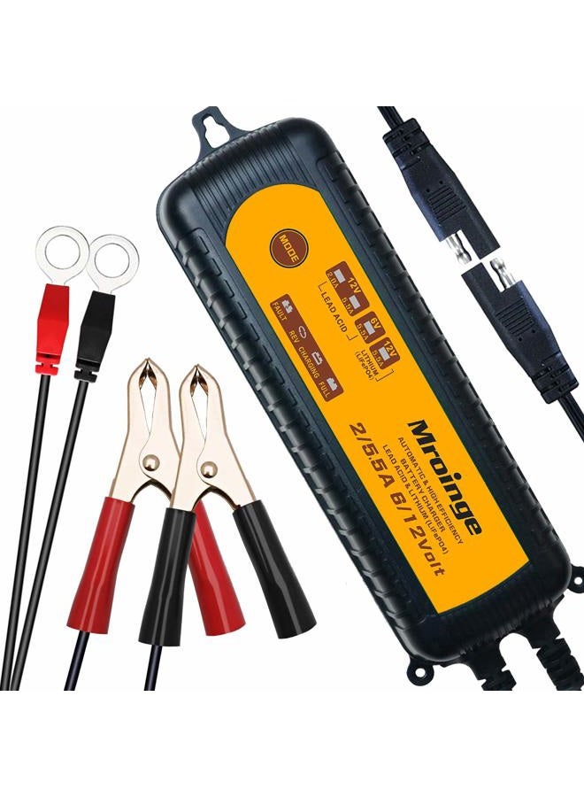 Mroinge MBC055 6V and 12V 5.5A Smart Vehicle Battery Charger/Maintainer for Cars, Motorcycles, RVs, TVs, Powersports, Boat and More Vehicle GEL WET AGM Batteries, With IP65 Waterproof - Image 1
