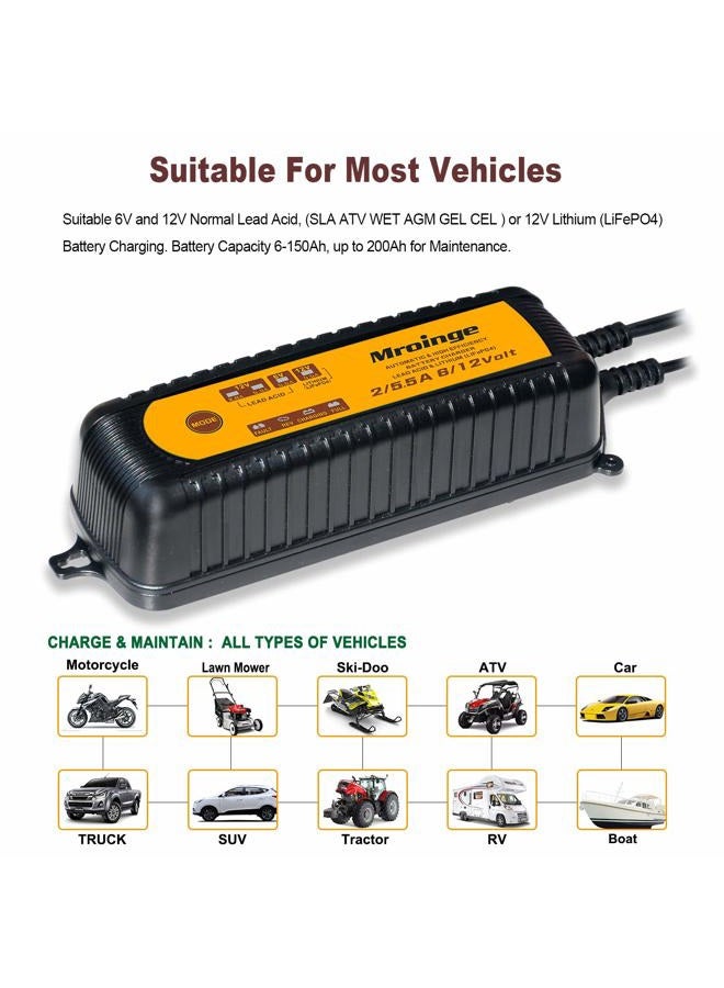Mroinge MBC055 6V and 12V 5.5A Smart Vehicle Battery Charger/Maintainer for Cars, Motorcycles, RVs, TVs, Powersports, Boat and More Vehicle GEL WET AGM Batteries, With IP65 Waterproof - Image 3