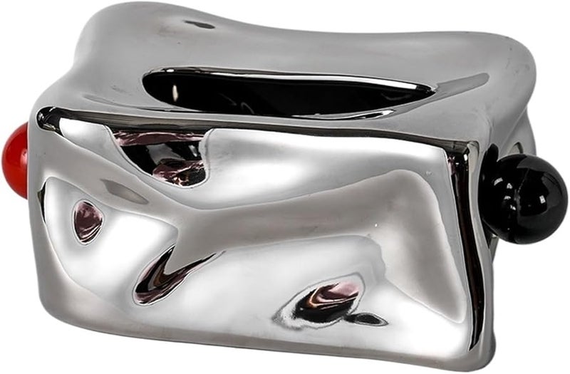 صندوق المناديل الخزفي باللون الأزرق البحري مع طيات فضية وكريات هندسية وكريات سوداء وحاوية تخزين للطاولة - Image 1