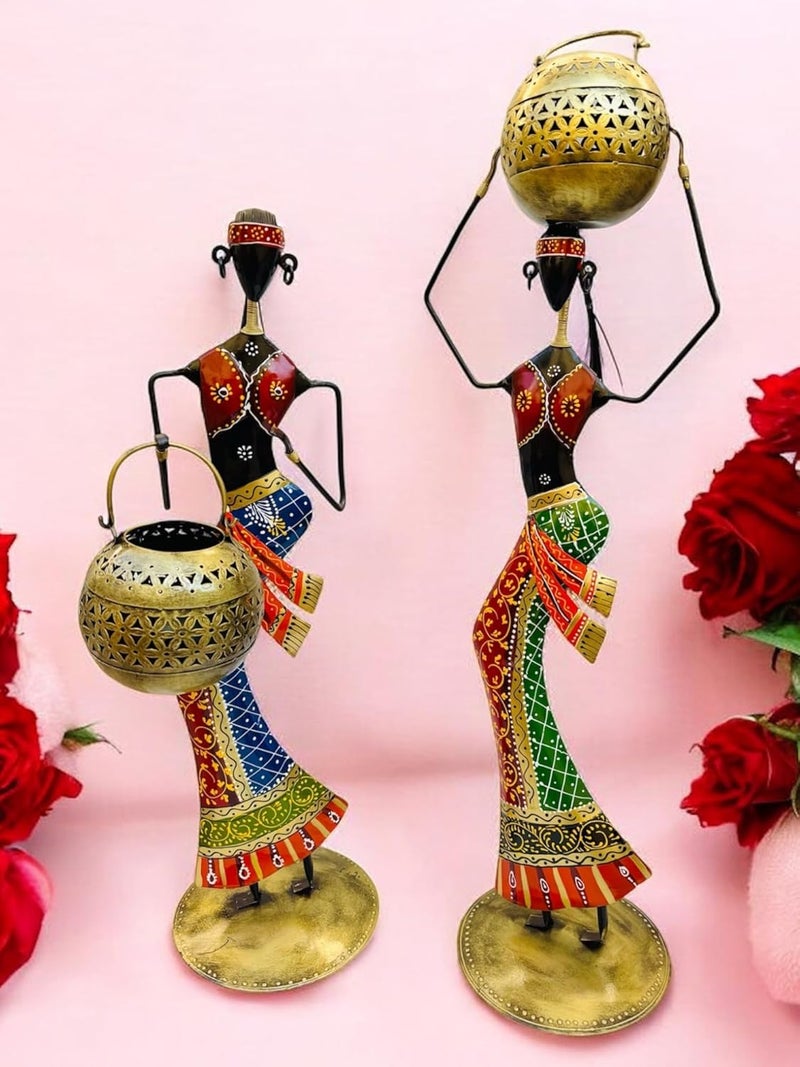 pranjals house Decorative African Figurine Set, Metal Tea Light Holders, Traditional Tribal Art, Handcrafted Brass Finish, Set of 2 Size-(31 * 8 * 8 inch Male) & (Female 26 * 8 * 8 inch) - Image 1