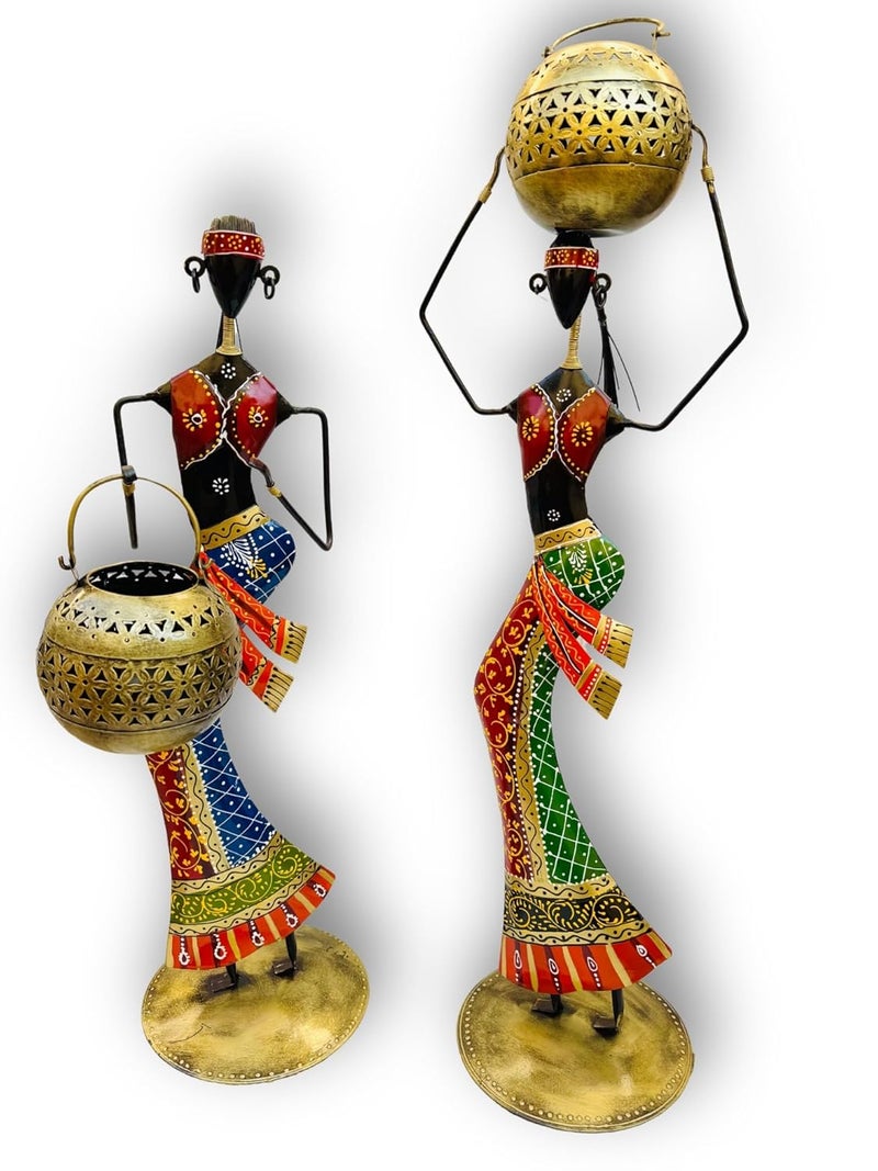 pranjals house Decorative African Figurine Set, Metal Tea Light Holders, Traditional Tribal Art, Handcrafted Brass Finish, Set of 2 Size-(31 * 8 * 8 inch Male) & (Female 26 * 8 * 8 inch) - Image 2