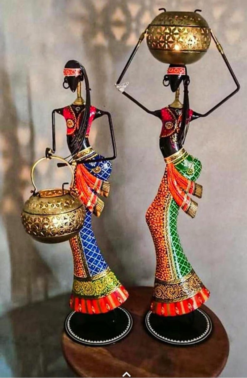 pranjals house Decorative African Figurine Set, Metal Tea Light Holders, Traditional Tribal Art, Handcrafted Brass Finish, Set of 2 Size-(31 * 8 * 8 inch Male) & (Female 26 * 8 * 8 inch) - Image 3