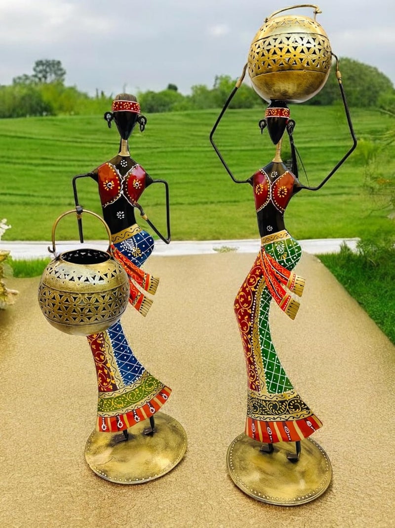 pranjals house Decorative African Figurine Set, Metal Tea Light Holders, Traditional Tribal Art, Handcrafted Brass Finish, Set of 2 Size-(31 * 8 * 8 inch Male) & (Female 26 * 8 * 8 inch) - Image 4