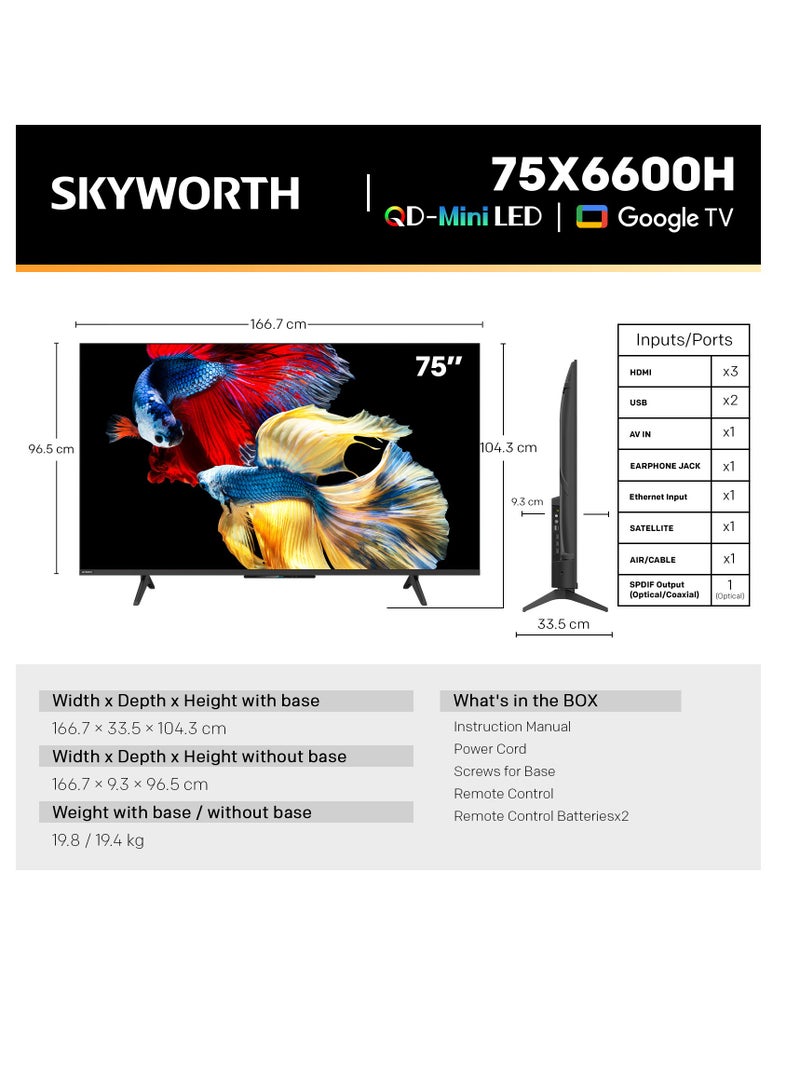 سكاي ورث 75" QD-Mini LED, MATT Screen, 120Hz (Google TV), Dolby Atmos, Filmmaker Mode, 2-Year Warranty, Model 75X6600H Black 75X6600H black - Image 5