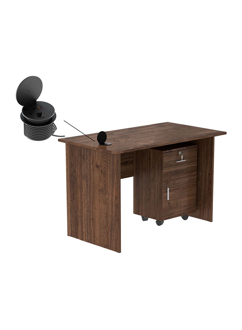Mahmayi MP1 100x60 Writing Table with Drawers - Brown with 51-1H Round Desktop Power Module with USB Slot for Office Desk - Black - Image 1