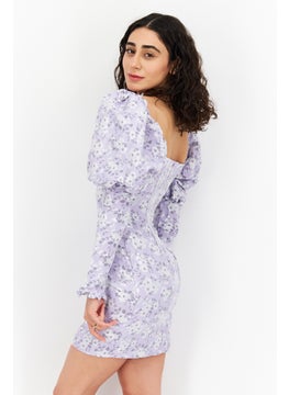 Collective The Label Women Petite Fit Floral Pattern Mini Dress, Lavender  - Image 4