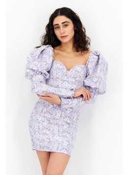 Collective The Label Women Petite Fit Floral Pattern Mini Dress, Lavender  - Image 1
