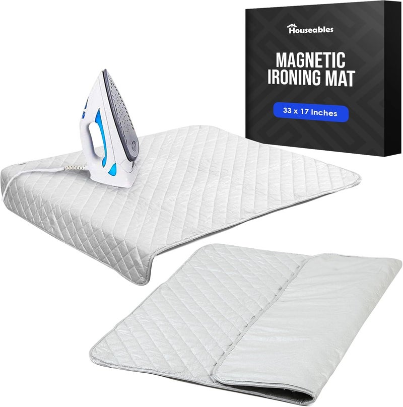 Houseables Ironing Mat, Magnetic Laundry Pad Blanket, 80cm x 48cm, Grey, Quilted, Washer Dryer Heat Resistant Pad, Iron Board Alternative Cover - Image 1