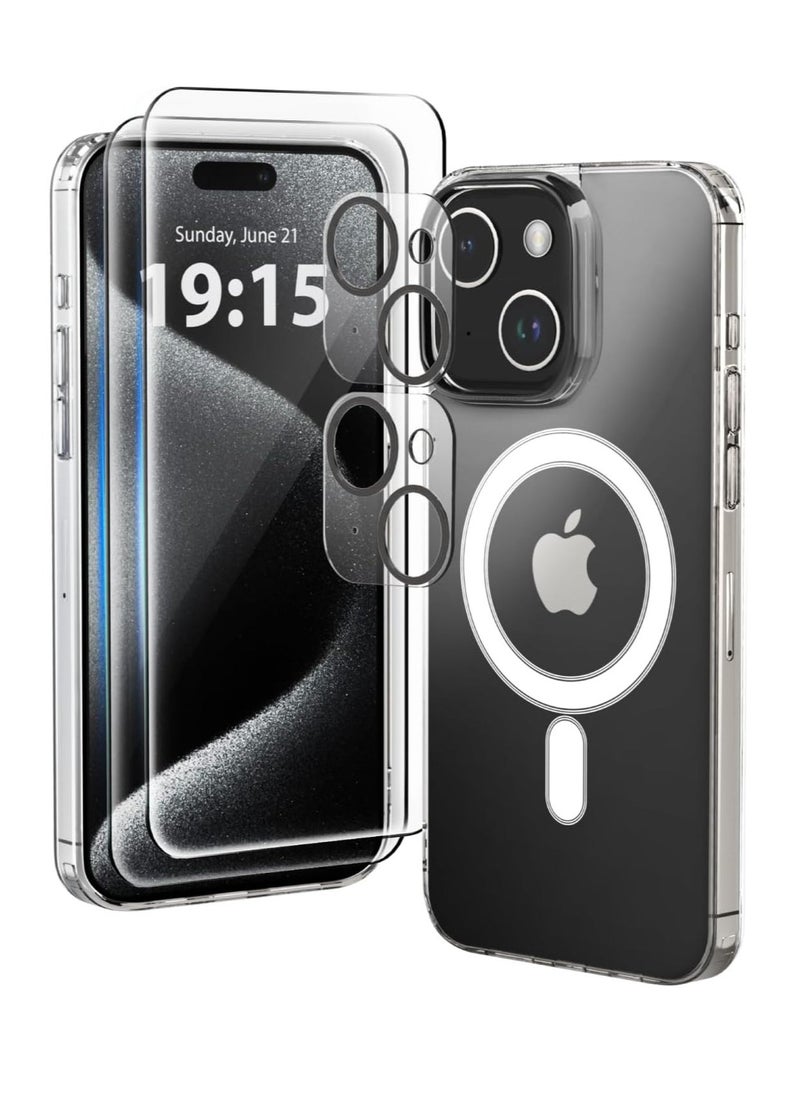 ELTRAZONE حافظة ELTRAZONE مصممة لجهاز iPhone 13، [شفافة] 5 في 1 [غير مصفرة] مع 2X زجاج مقسى للشاشة و 2X واقيات عدسة الكاميرا، مضادة للصدمات وزوايا Air-Guard (شفافة MagSafe) - Image 1