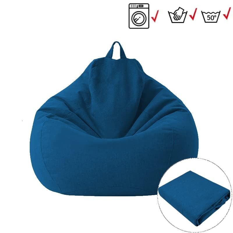 KODENG Large Small Lazy Sofas Cover Chairs Without Filler Linen Cloth Lounger Seat Bean Bag Pouf Puff Couch Tatami Living Room Beanbags (Blue, 100x120cm) - Image 5